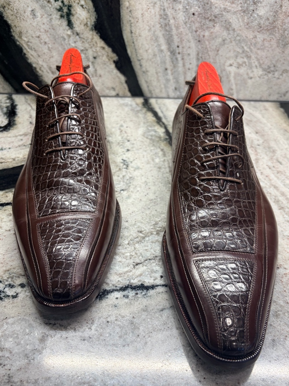 A. Testoni Black Label Crocodile Leather Bologna Dress Shoes Made in Italy